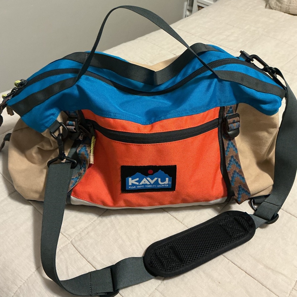 Kavu Colorblock Duffel Bag and Grizzly Stash Bag-Blue/Orange/Tan